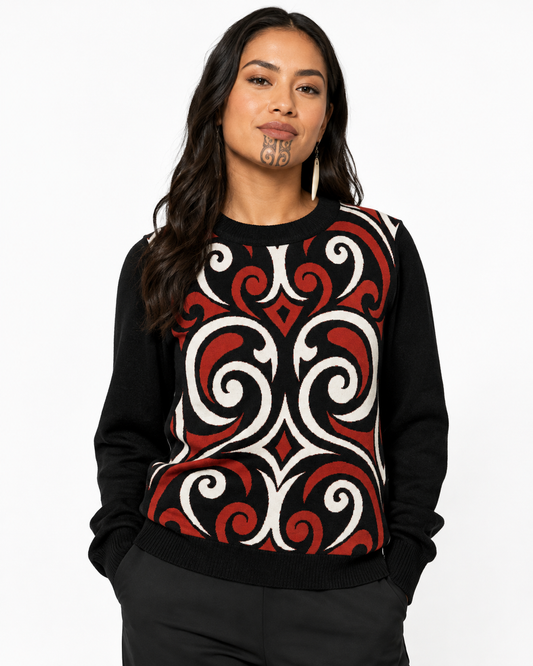Kōwhaiwhai Flow Knitted Crew Neck Sweater - whero (red)