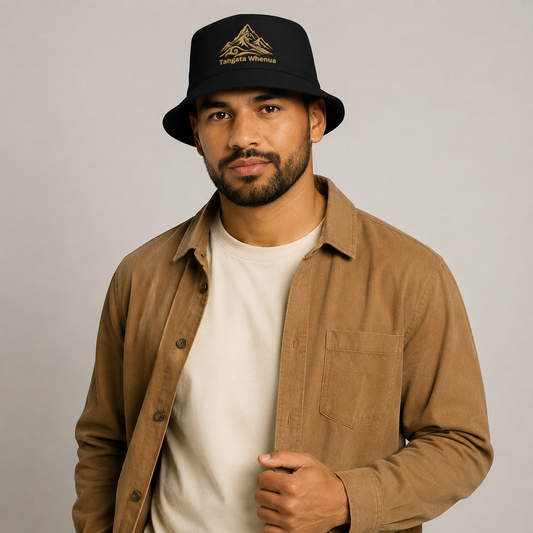 Adult Unisex Bucket Hat - Embroidered Tangata Whenua - kōura (gold) embroidery