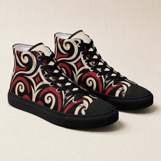 Women’s high top canvas shoes - Kōwhaiwhai Flow - whero (red)