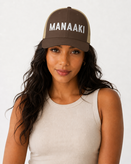Unisex Trucker Cap - Embroidered Manaaki (Care) - mā (white) embroidery