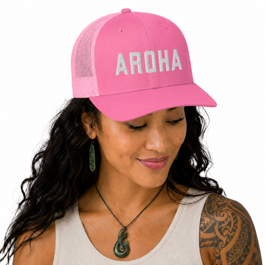 Unisex Trucker Cap - Embroidered Aroha (love) - mā (white) embroidery