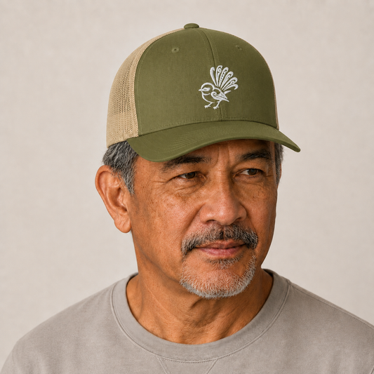 Unisex Trucker Cap - Embroidered Piwakawaka - mā (white) embroidery