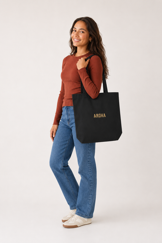 Premium Organic Tote Bag - Embroidered Aroha (love) - kōura (gold)