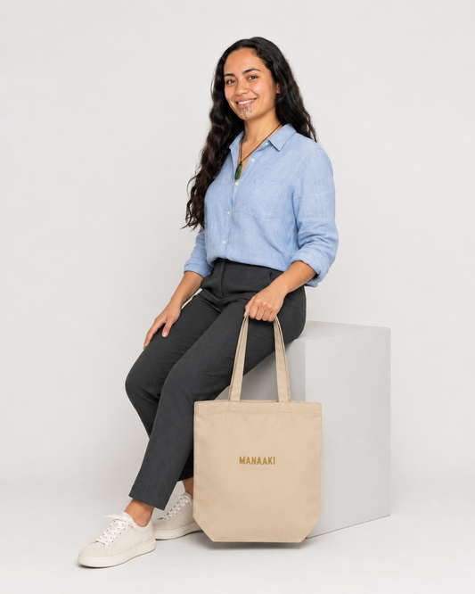 Premium Organic Tote Bag - Embroidered Manaaki (care) - kōura (gold)