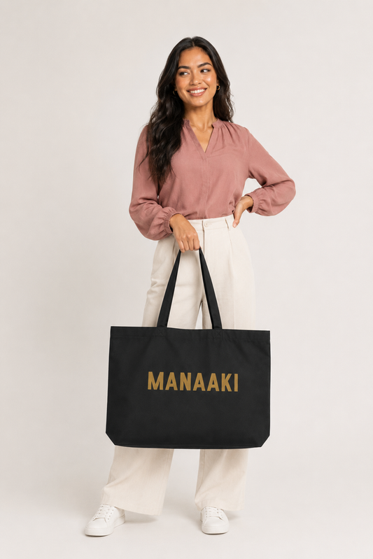 Large organic tote bag - Manaaki (care) - kōura (gold)