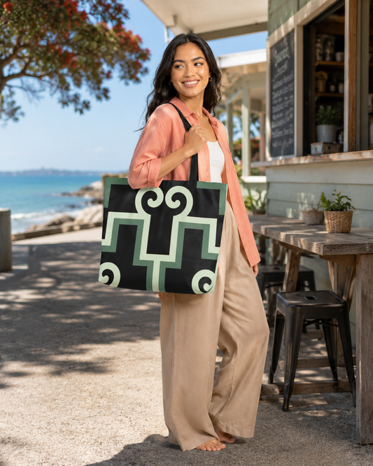All-Over Print Large Tote Bag - Poutama Rising - kākāriki (green)