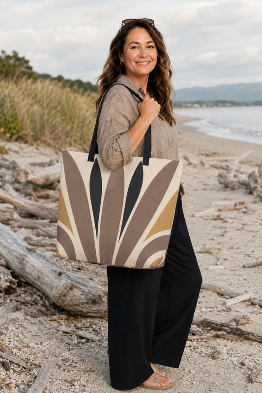 All-Over Print Large Tote Bag - Harakēkē (flax) - parāone (brown)