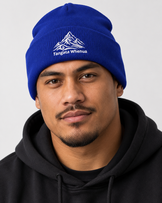 Unisex Cuffed Beanie - Embroidered Tangata Whenua - mā (white) embroidery