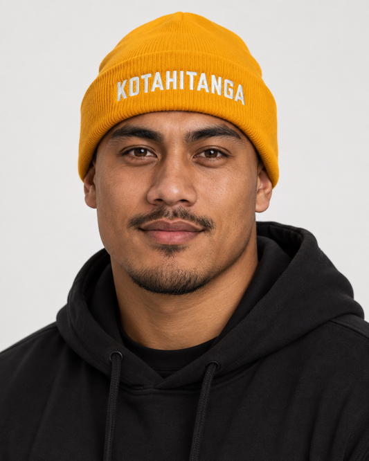 Unisex Cuffed Beanie - Embroidered Kotahitanga (unity) - mā (white) embroidery