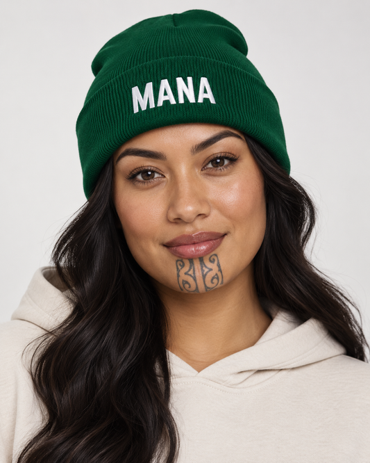 Unisex Cuffed Beanie - Embroidered Mana (prestige) - mā (white) embroidery