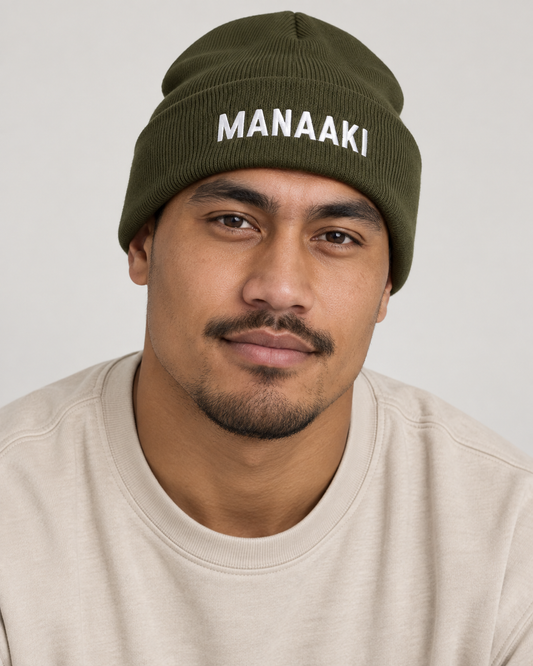 Unisex Cuffed Beanie - Embroidered Manaaki (care) - mā (white) embroidery