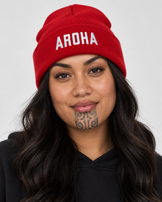 Unisex Cuffed Beanie - Embroidered Aroha (love) - mā (white) embroidery