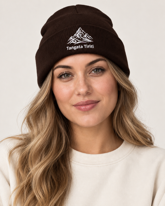 Unisex Cuffed Beanie - Embroidered Tangata Tiriti - mā (white) embroidery