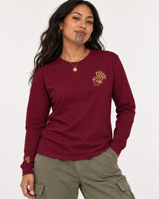 Unisex Long Sleeve Tee - Double Embroidered Piwakawaka