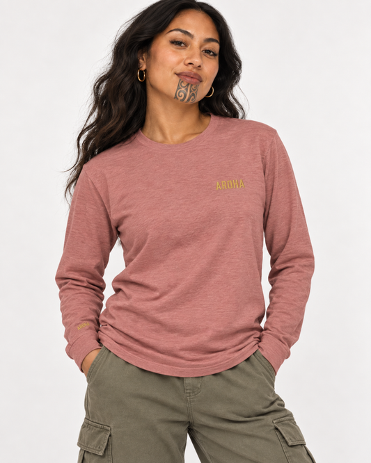 Unisex Long Sleeve Tee - Double Embroidered Aroha (love)