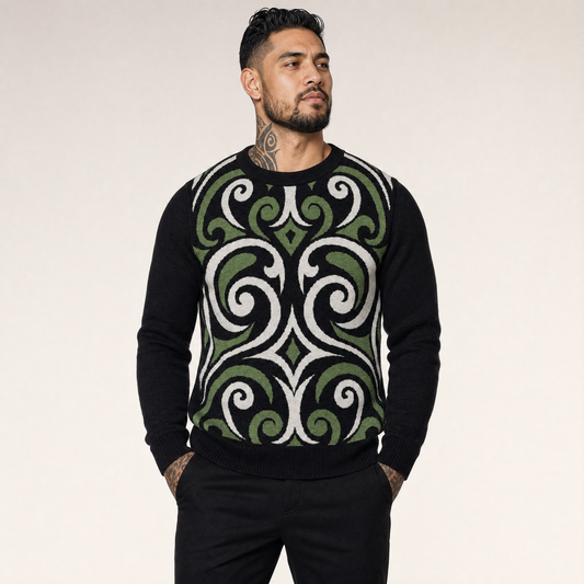 Kōwhaiwhai Flow Knitted Crew Neck Sweater - kākāriki (green)
