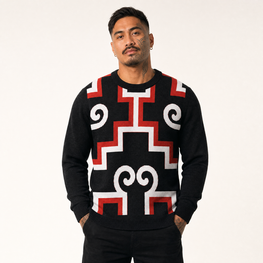 Poutama Rising Knitted Crew Neck Sweater - whero (red)