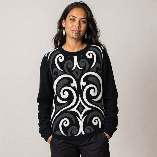 Kōwhaiwhai Flow Knitted Crew Neck Sweater - hinauri (charcoal)