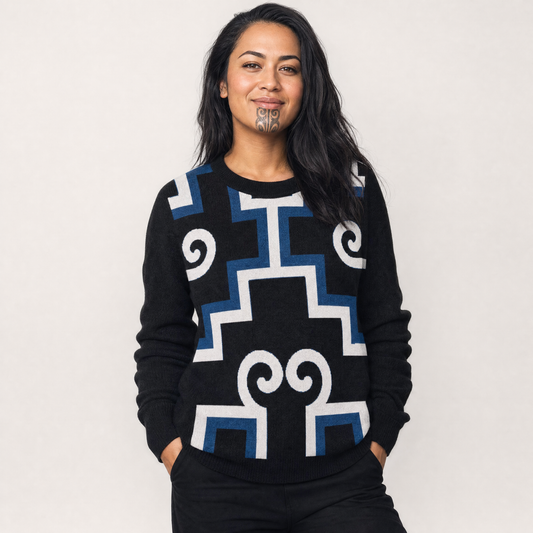 Poutama Rising Knitted Crew Neck Sweater - kahurangi (blue)