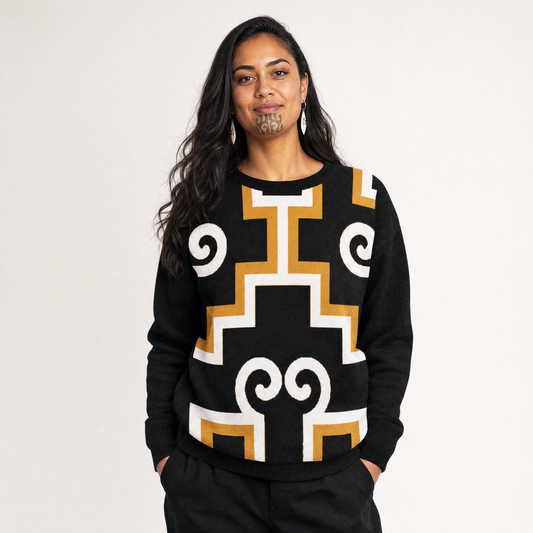 Poutama Rising Knitted Crew Neck Sweater - kōwhai (yellow)