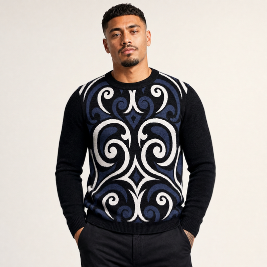 Kōwhaiwhai Flow Knitted Crew Neck Sweater - kahurangi (blue)